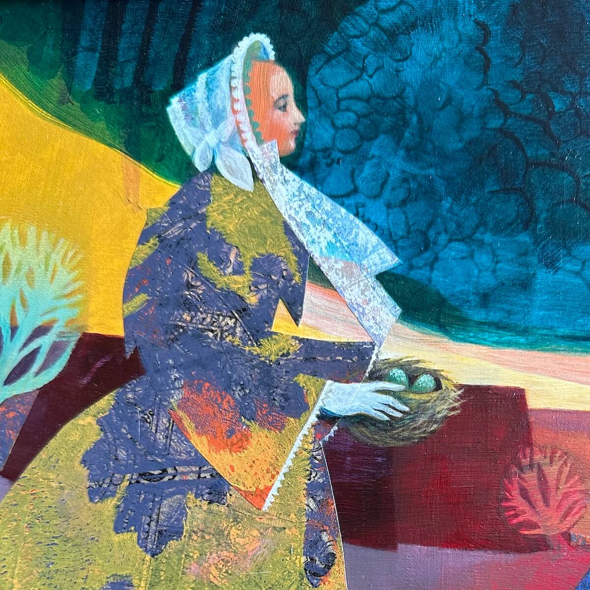 Close-up detail of woman wearing bonnet and carrying nest from One Long Ago Spring painting by Teresa Flavin.