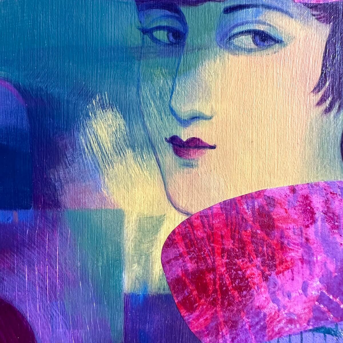 Celeste original framed mixed media painting on wood panel