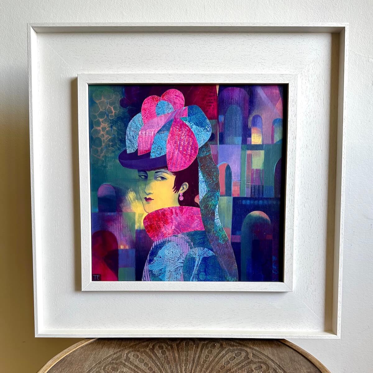 Celeste original framed mixed media painting on wood panel