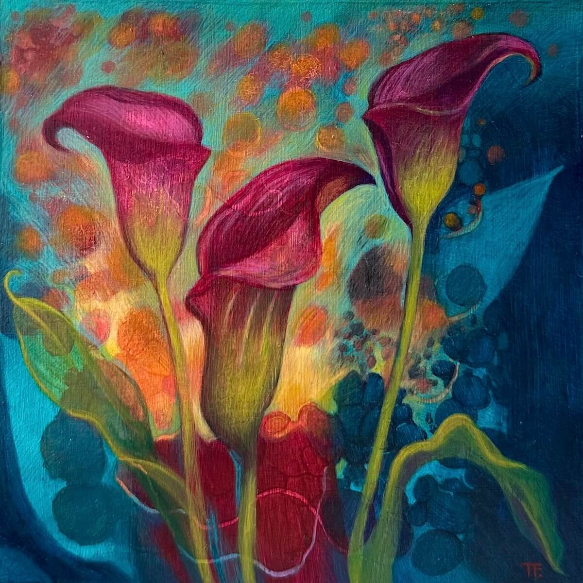 Three magenta calla lilies against a textured teal, orange, yellow and deep blue background by Teresa Flavin.