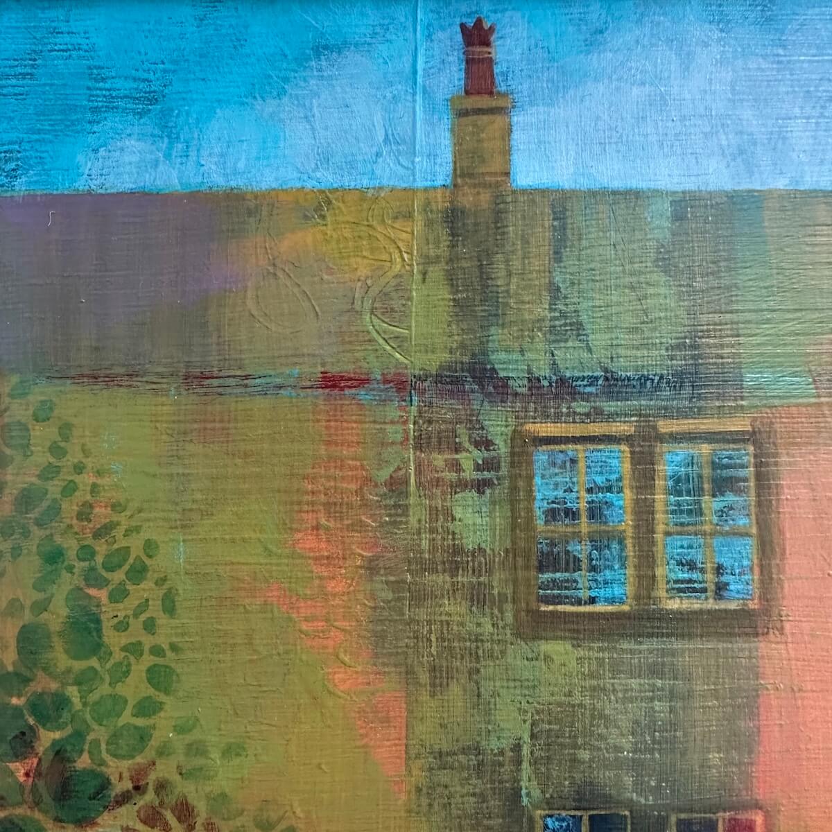Abstract painting detail of Bronte Birthplace with a window and blue sky