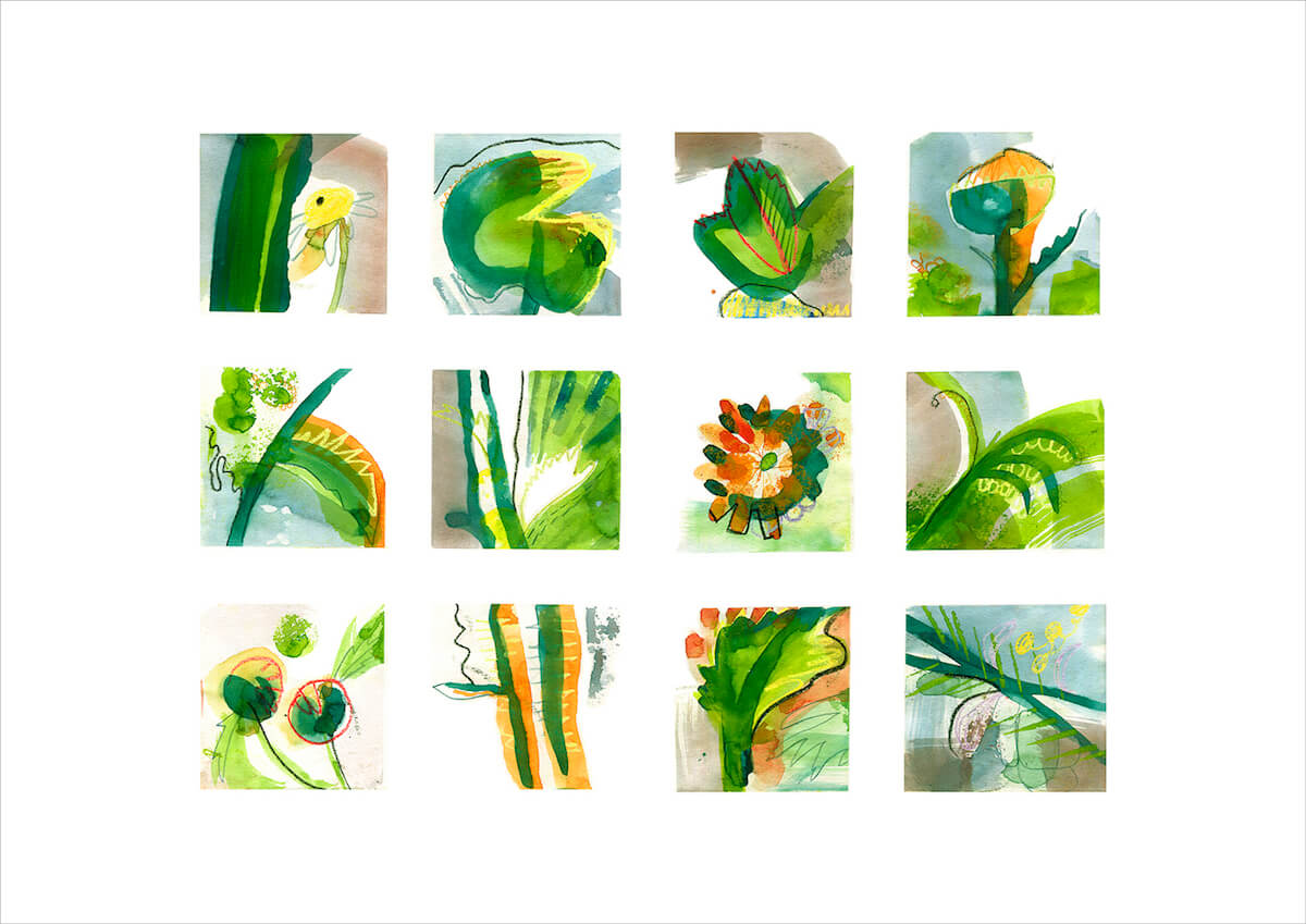 Good Day, abstract botanical art print by artist Teresa Flavin, flower forms, leaves, lily pad and stems in gold, green, orange and blue.