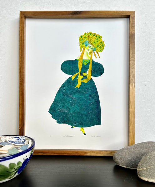 Art print image by Teresa Flavin of a Victorian woman in a teal frock and green bonnet with gold ribbons.