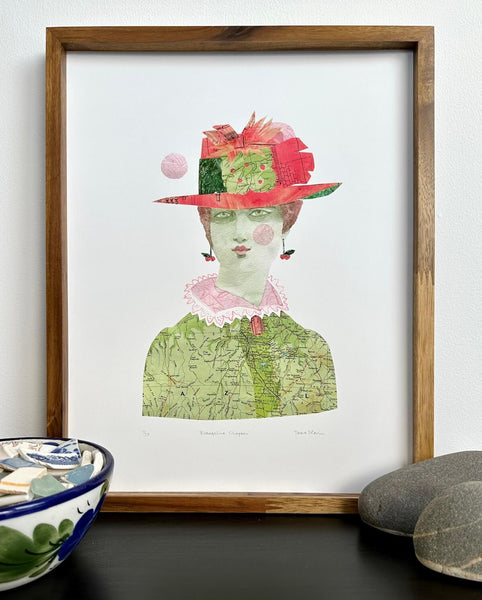 Art print image by Teresa Flavin of a Victorian woman in a green frock and pink bonnet with green trim..