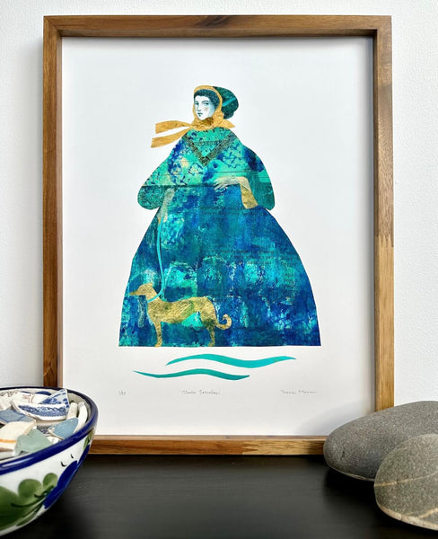 Art print image by Teresa Flavin of a Victorian woman in a blue-aqua frock and bonnet with gold ribbons. A golden dog is at her feet.