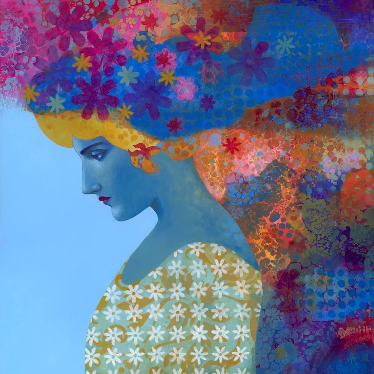 Colourful artwork of a woman with floral patterns in her hair and on her clothing.