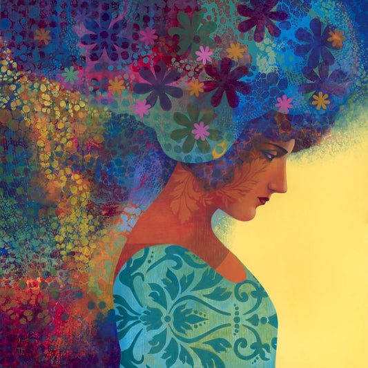 Colorful artwork of a woman with a floral design in her hair against a yellow background