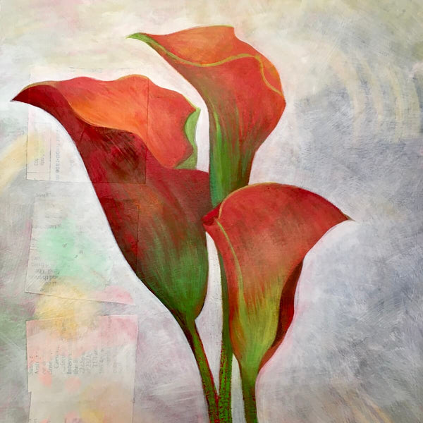 Teresa Flavin's painting Orange Calla Lilies showing three calla lilies against a pale white textured background.