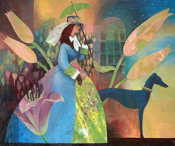 Full view of Teresa Flavin's Stargazer painting showing a woman in a Victorian dress holding an umbrella over a black dog, surrounded by large lily buds..