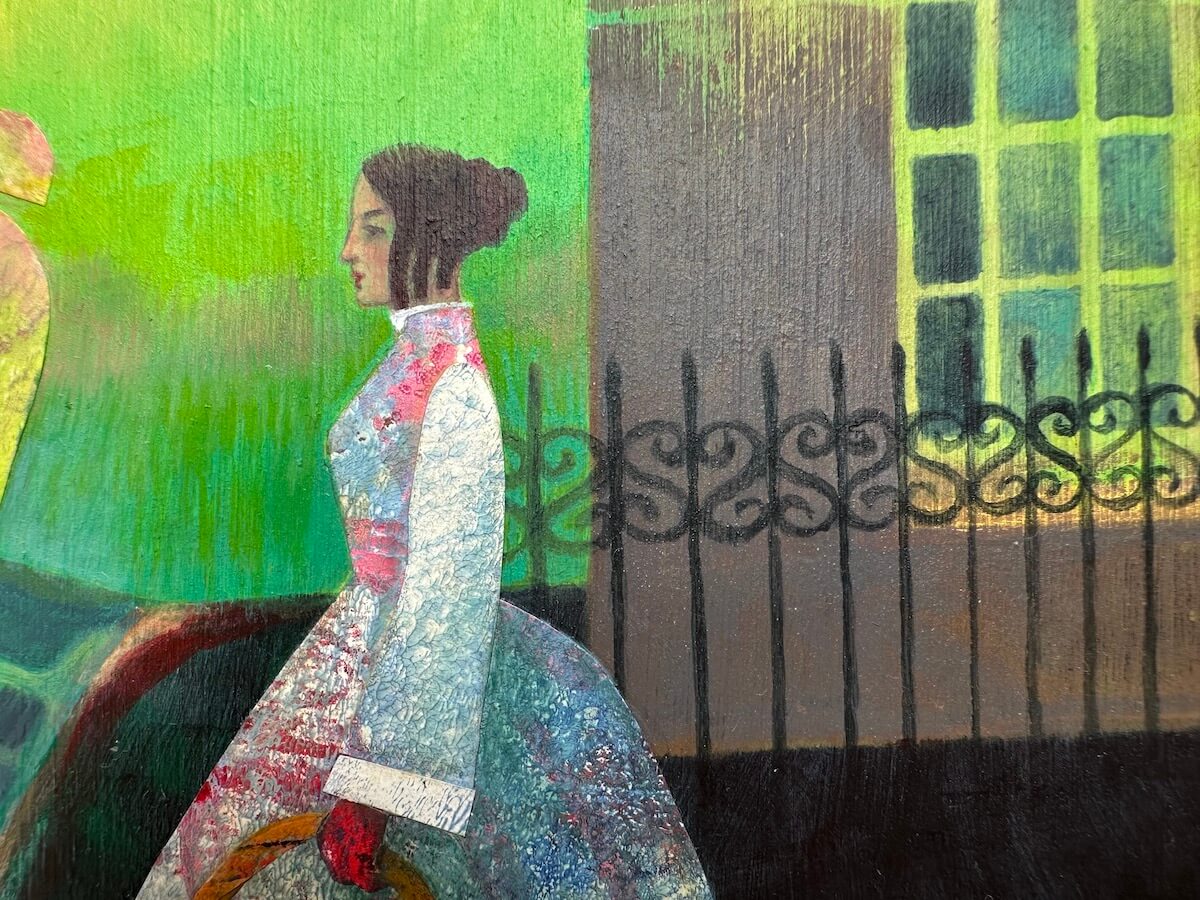 Close-up detail of Victorian woman in Teresa Flavin's The Topiary Garden painting.