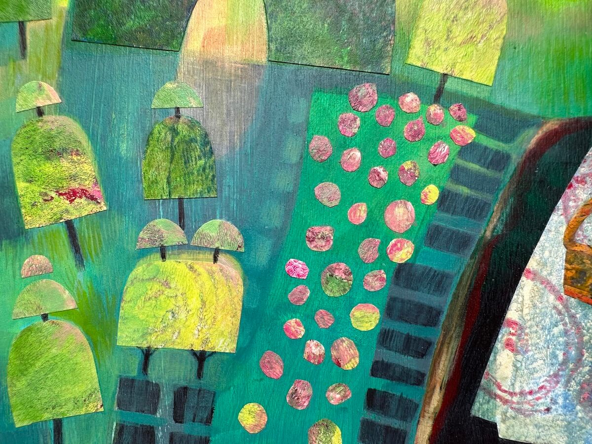 Close-up detail of collaged green and pink paper elements from Teresa Flavin's The Topiary Garden painting.