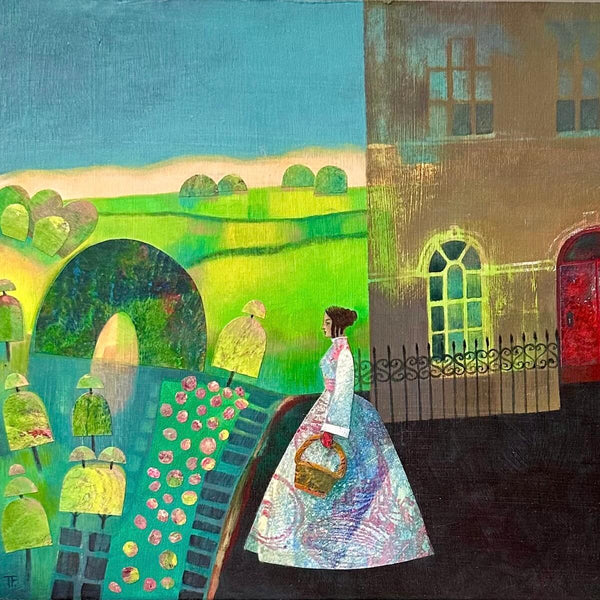 Partial square view of teresa Flavin's The Topiary Garden painting showing a woman in Victorian dress by a mansion looking over a topiary garden and landscape.