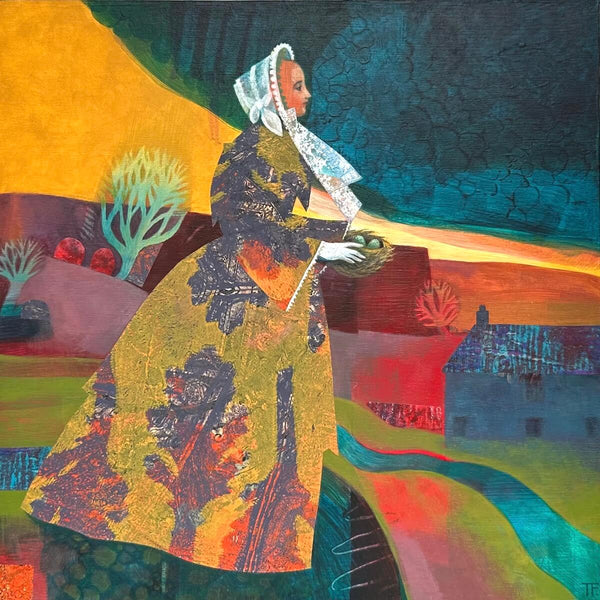 Mixed media painting, One Long Ago Spring by Teresa Flavin, showing a woman in long dress and bonnet carrying a next of blue eggs across a stormy landscape.