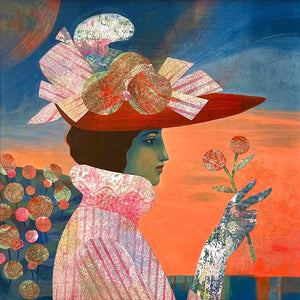 Painted profile portrait of a woman with big hat holding a flower against a bright blue and orange background by Teresa Flavin