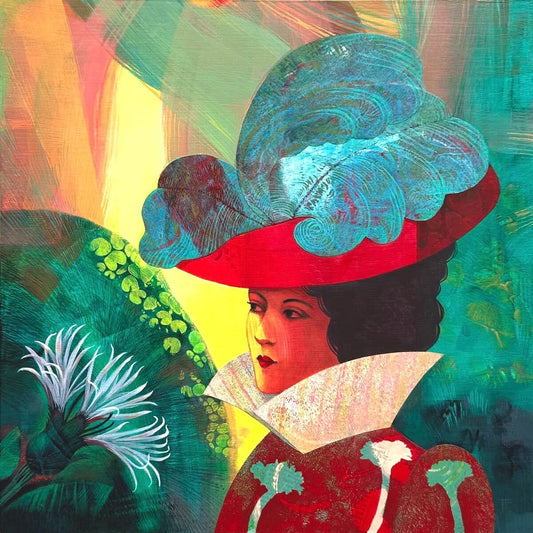 Mixed media painting, Angelique, by Teresa Flavin, portrait of woman in plumed red and turquoise hat in a multicoloured, textured background beside a large white flower.