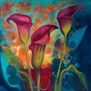 Three magenta calla lilies against a textured teal, orange, yellow and deep blue background by Teresa Flavin. 