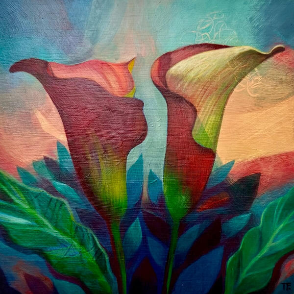 Teresa Flavin's Peach Callas painting showing two lilies against a beige, blue and orange background.
