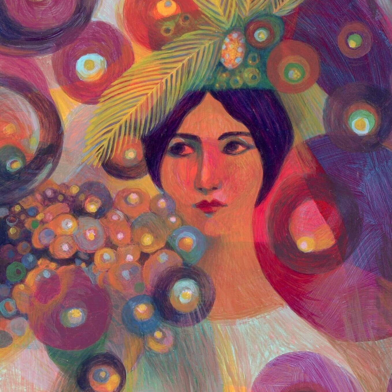 Colorful artwork of a woman with a floral headpiece and bouquet.