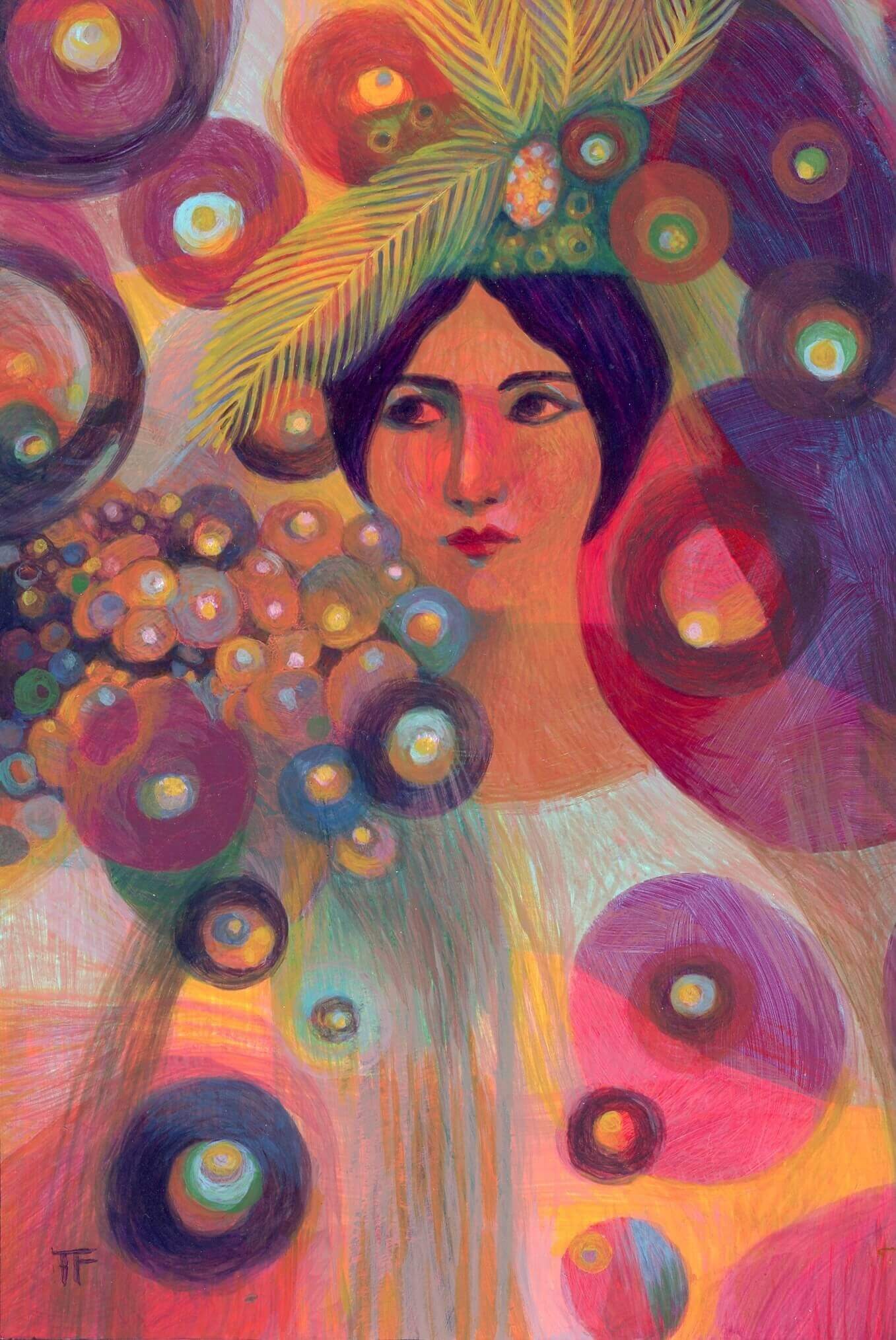 Full size colourful artwork of a woman with a headpiece and flowers, featuring abstract patterns.