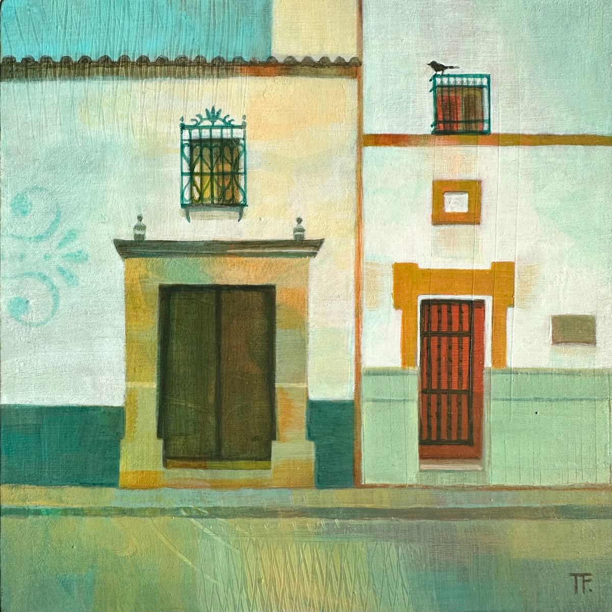 Painting of a Spanish street scene with buildings and a bird on a balcony.