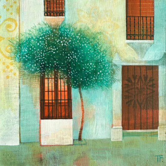 Painting of a Spanish house with green tree and red doors and windows.