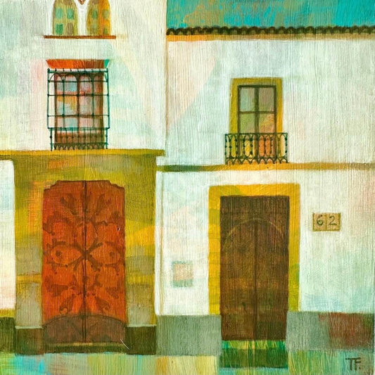 Colourful abstract painting of a Spanish house facade with doors and windows.