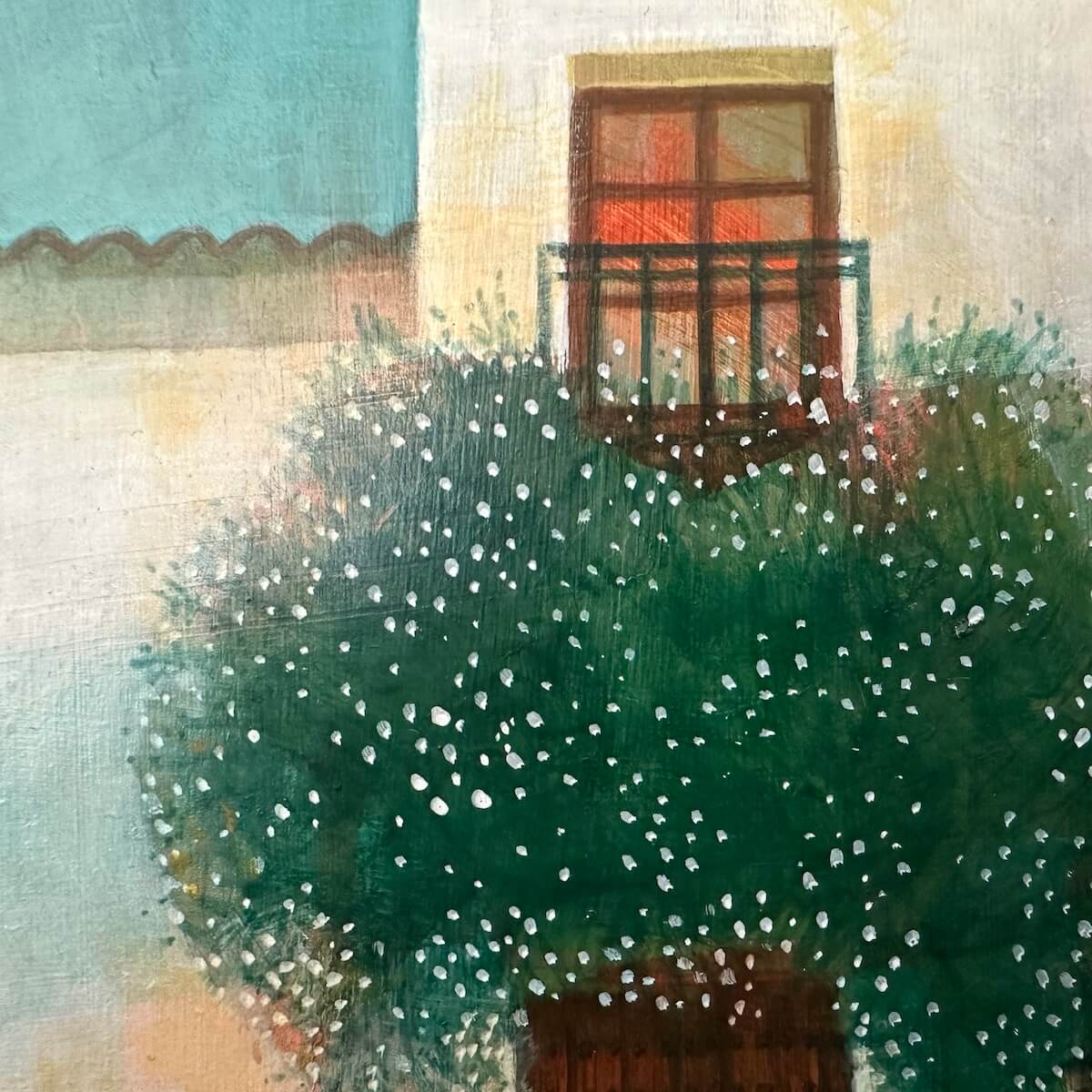 Artistic depiction of a building with a window and greenery