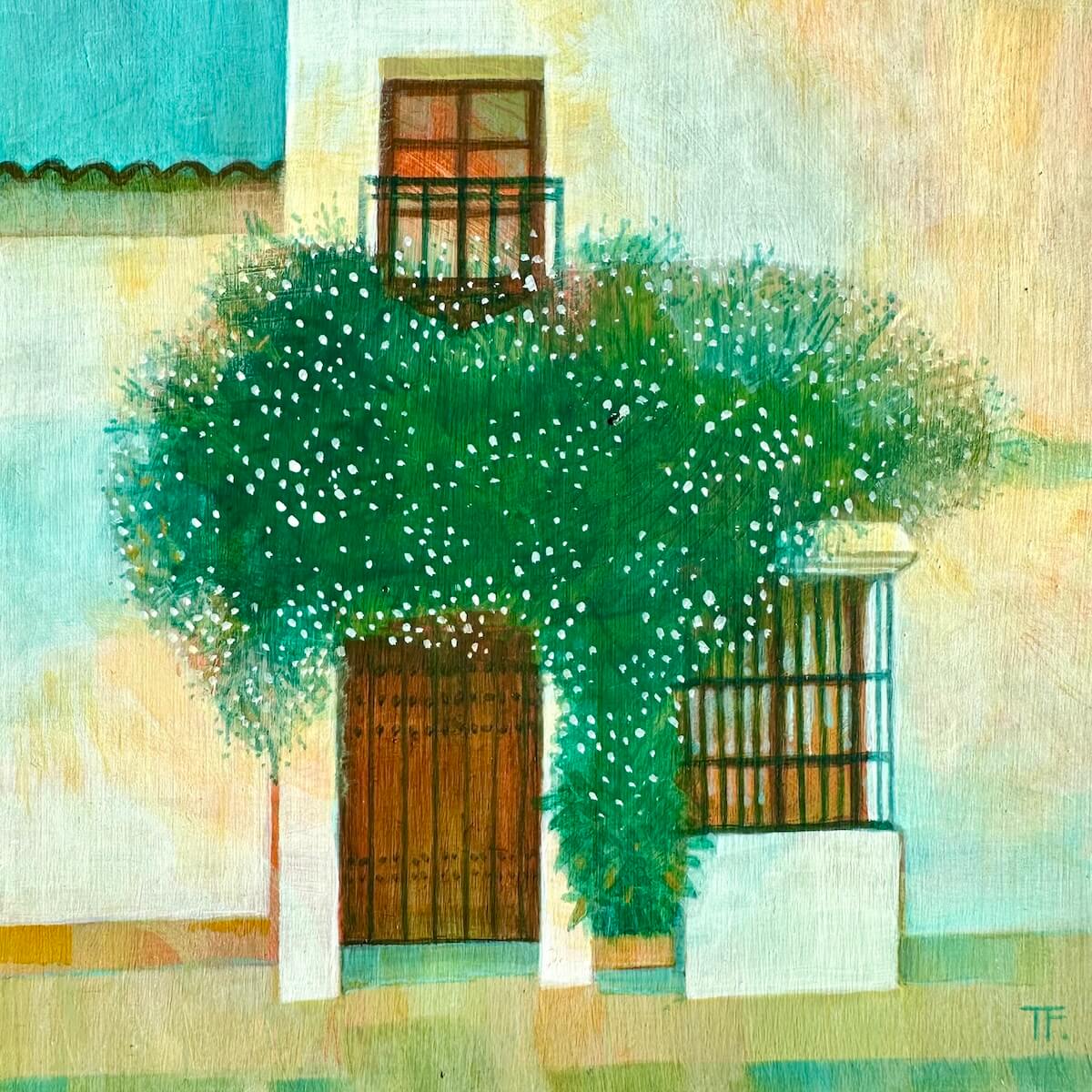 Painting of a Spanish house with greenery in front, featuring a warm colour palette.
