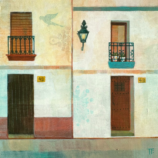 Painting of a Spanish street scene with buildings, doors, and a lamp.