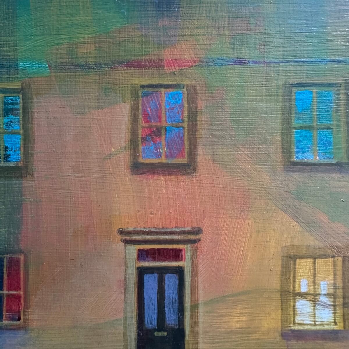 Painting detail of Bronte Birthplace facade with windows and a door