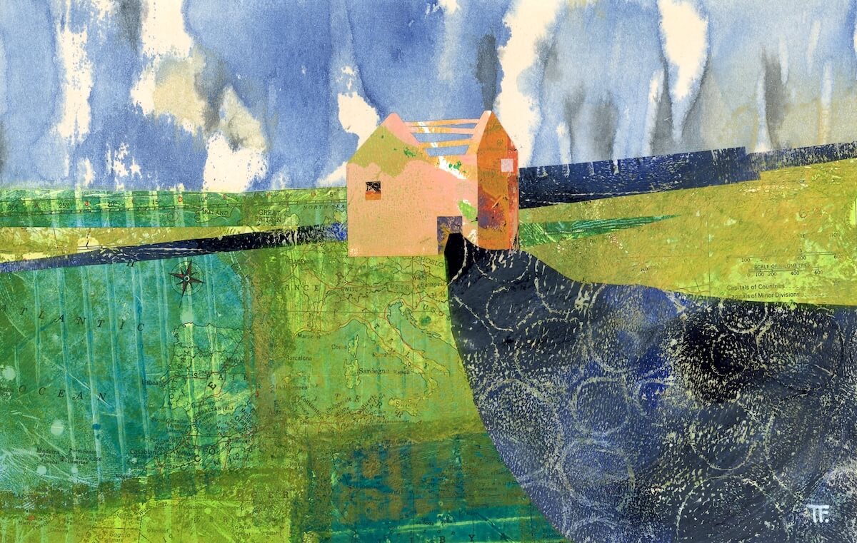 Full size abstract Yorkshire landscape with textured sky, fields and cottage