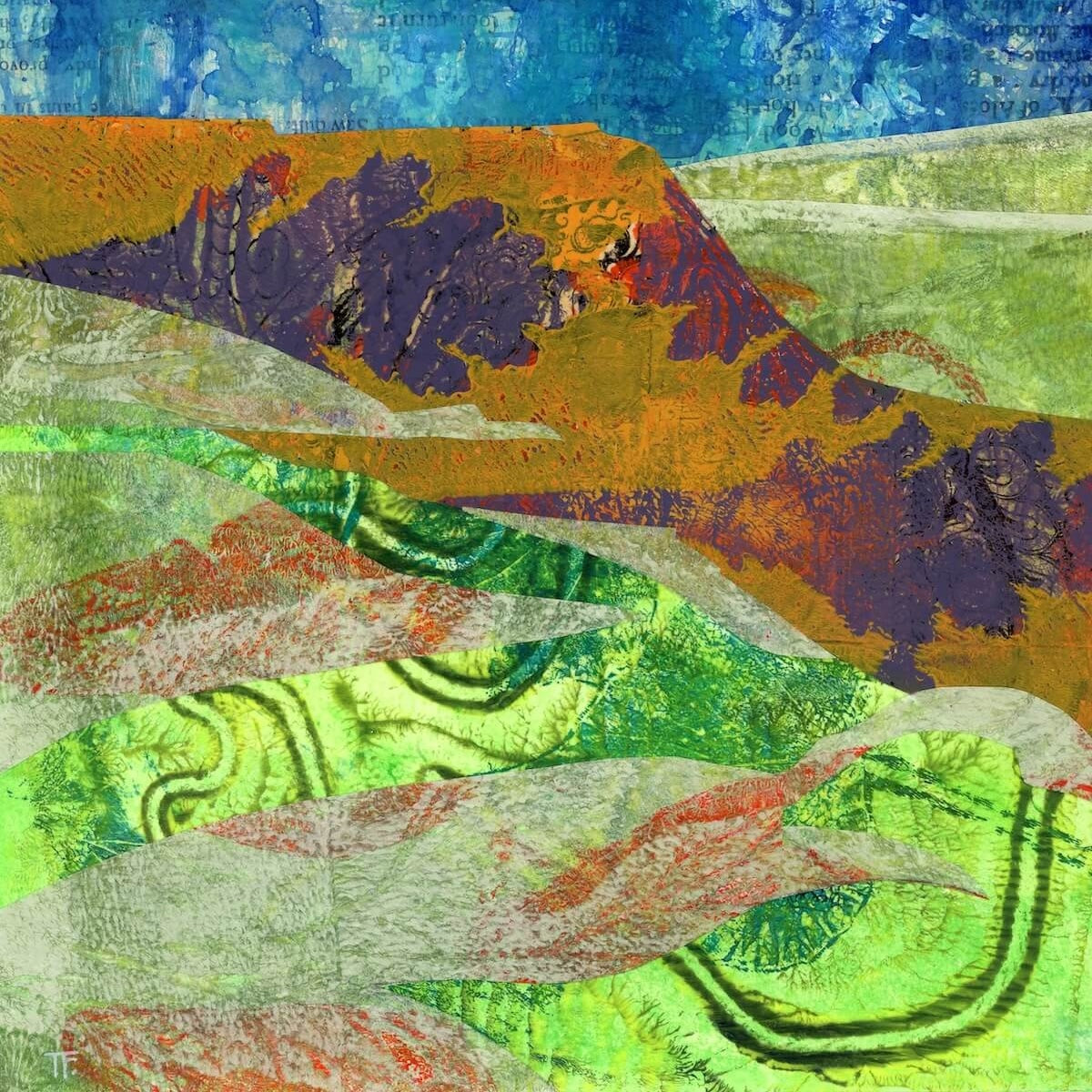 Colourful abstract Yorkshire landscape with textured patterns of hills and sky.