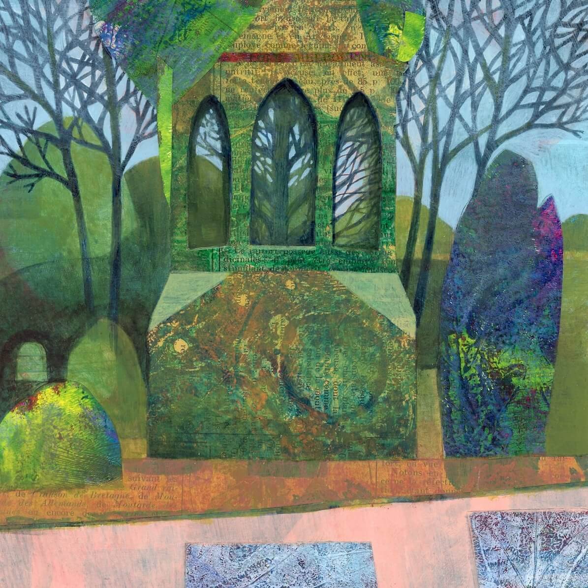 Detail of Bronte Bell cupola mixed media artwork showing building and landscape.