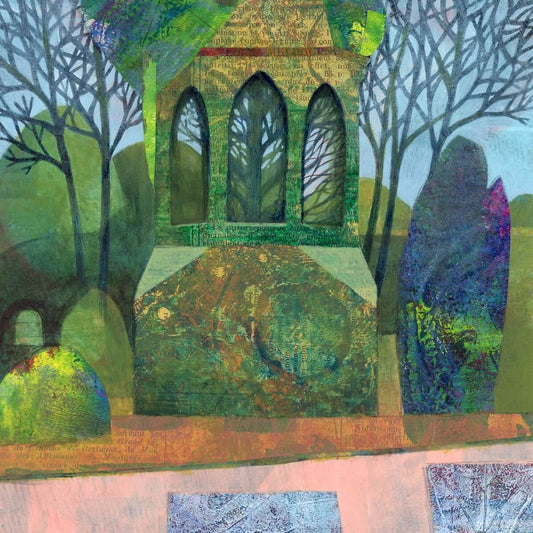 Detail of Bronte Bell cupola mixed media artwork showing building and landscape.