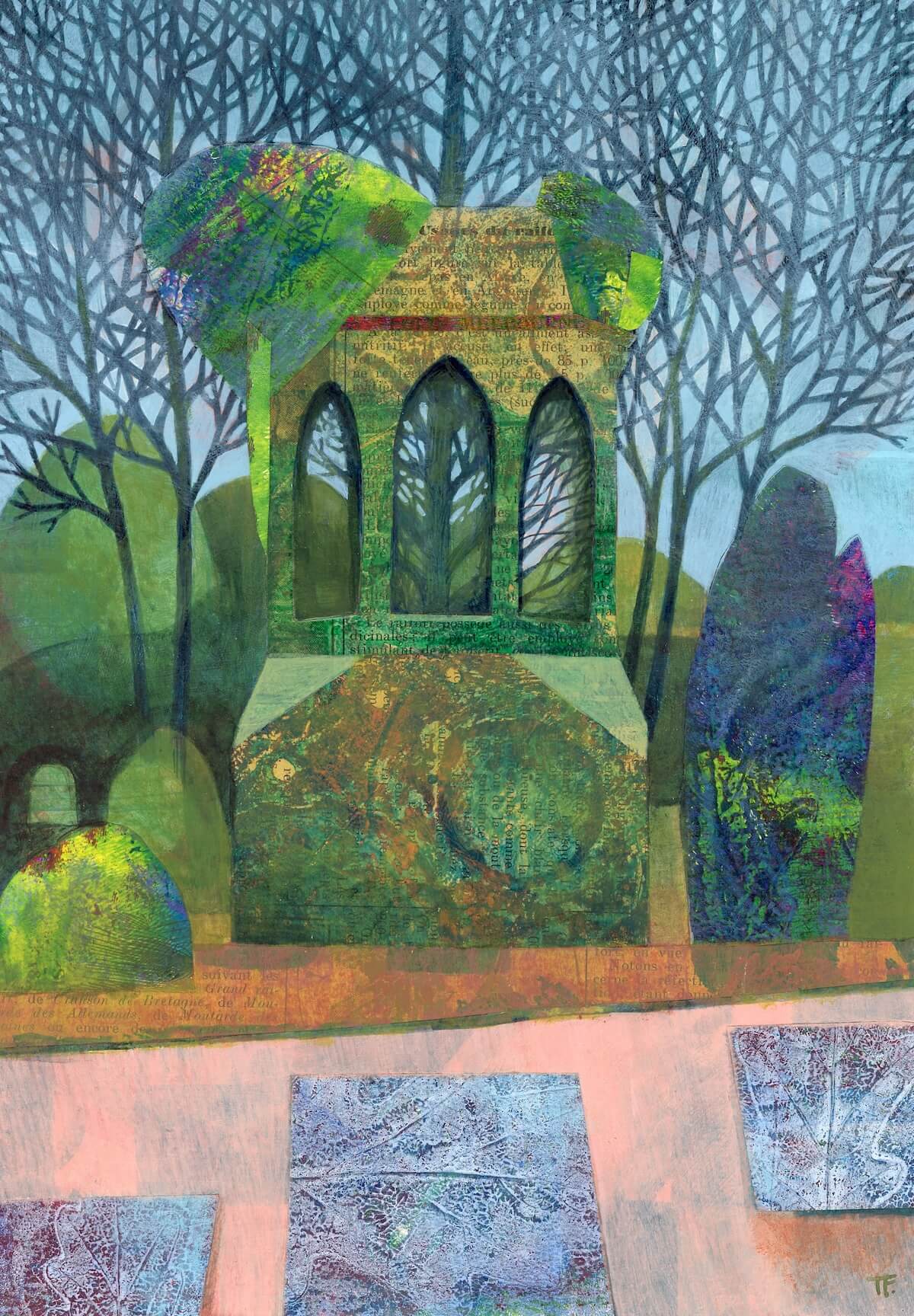 Full size artwork of a cupola with large windows and trees.