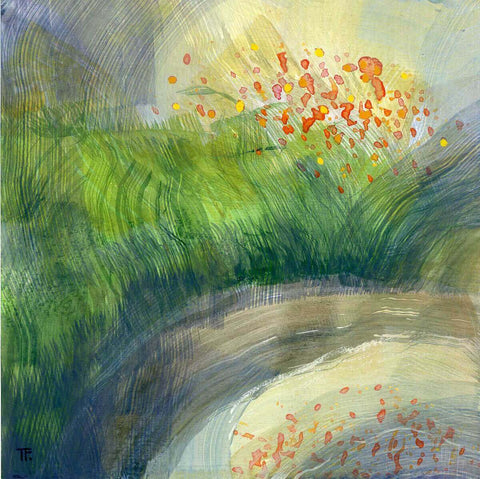 Quietude, square acrylic gouache landscape painting by Teresa Flavin, golden green grasses, orange flower forms and grey green water. 