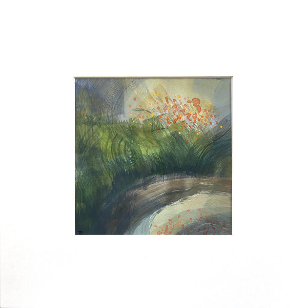 Quietude, square acrylic gouache landscape painting by Teresa Flavin, golden green grasses, orange flower forms and grey green water, shown in white mount.