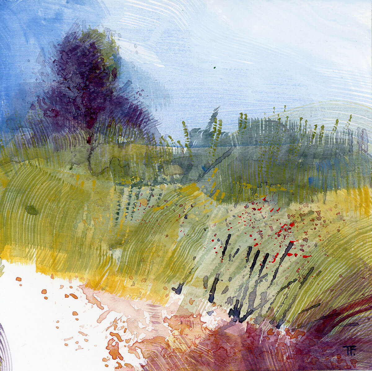 High Summer, square acrylic gouache landscape painting by Teresa Flavin, blue sky, violet tree, golden green land and maroon ground. 