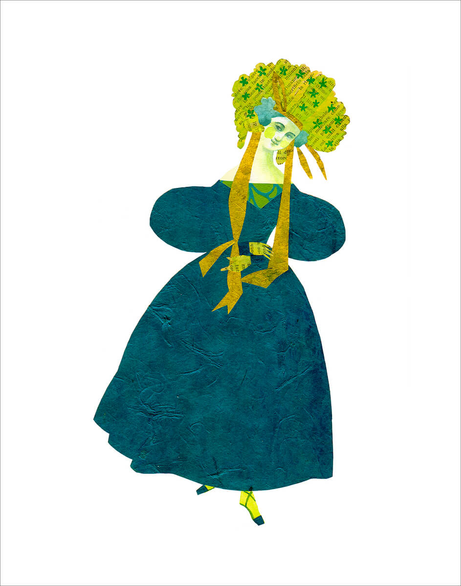 1831 Victorian fashion figure Illustration, large yellow green headdress, teal puff sleeved gown.