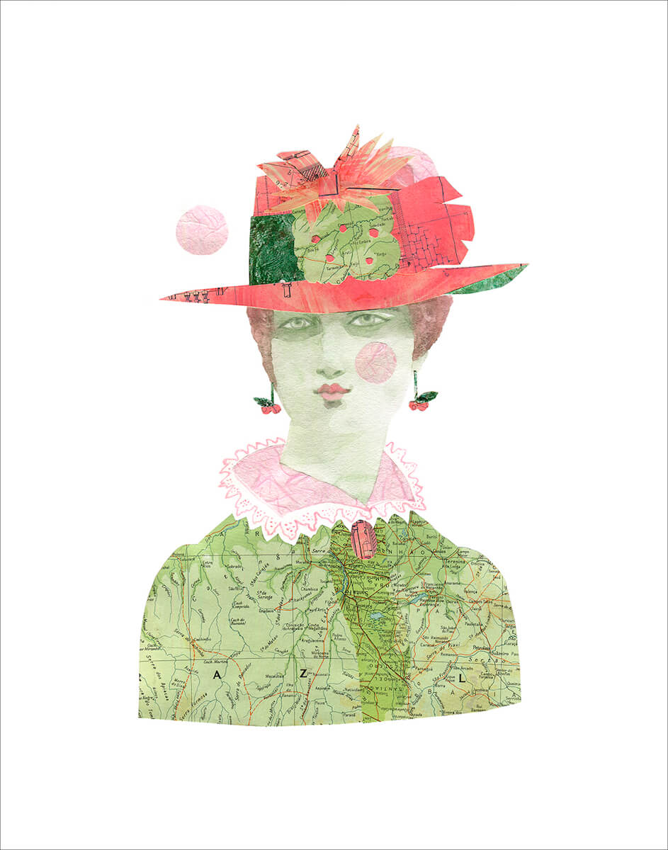 1883 Victorian fashion Illustration portrait by Teresa Flavin, pink hat, green dress and pink collar.