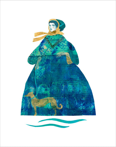 1860 Victorian fashion figure Illustration art print by Teresa Flavin, wearing turquoise and blue dress, g with gold coloured dog.