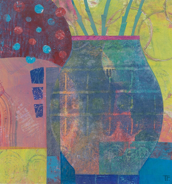 Spring Windowsill by Teresa Flavin Artist, abstract still life mixed media painting, pale blue and peach vase on blue and yellow-green table, jade, maroon and peach background with floating circle shapes..