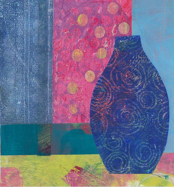 The Coming Light by Teresa Flavin Artist, abstract still life mixed media painting, blue vase on lime and pink table, jade, pale blue and pink background with floating circle shapes.