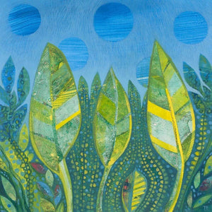 Painting of three green leaves against abstract botanical background and blue sky by Teresa Flavin